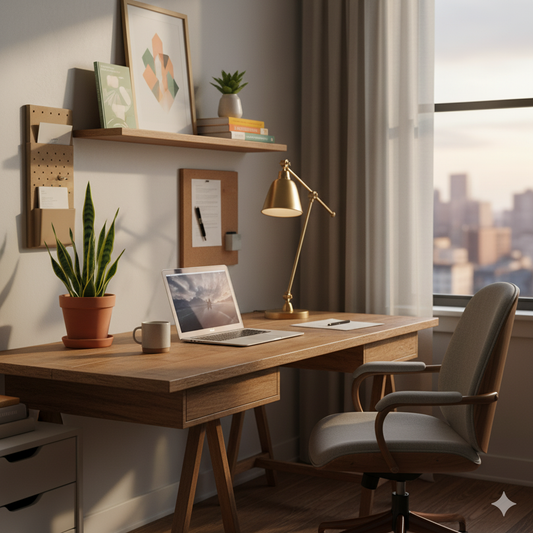 Modern home office setup with ergonomic desk, comfortable chair, organized shelving, natural lighting and decorative plants - perfect workspace inspiration