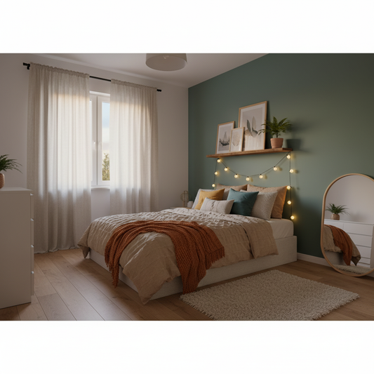 Cozy bedroom interior with fresh bedding, decorative pillows, soft lighting, wall art and plants - budget-friendly bedroom makeover inspiration