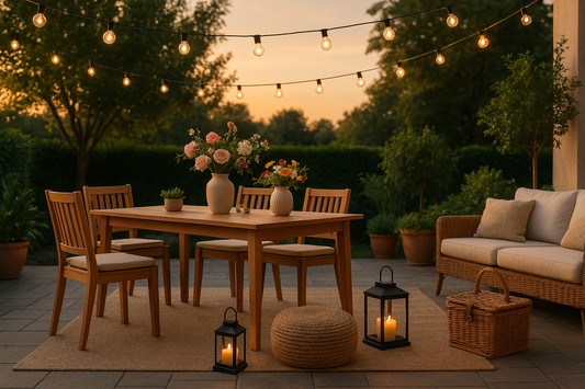 Outdoor patio with stylish furniture, string lights, decorative vases and cozy seating - perfect gifts for outdoor enthusiasts