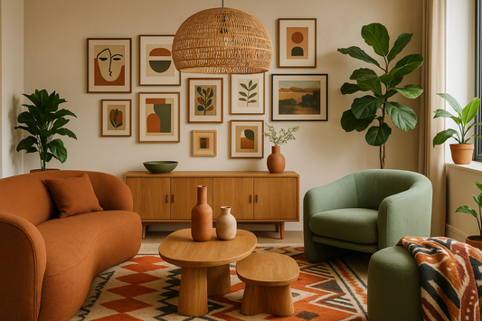2025 home decor trends - curved furniture, warm earthy colors, sustainable wood, indoor plants, statement lighting and maximalist gallery wall