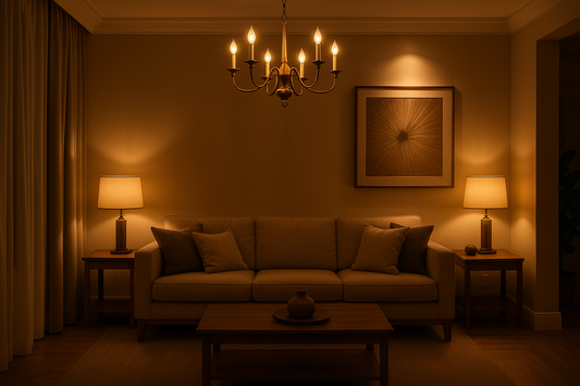 Modern living room with layered lighting design - chandelier, table lamps, ambient and accent lighting creating warm inviting atmosphere