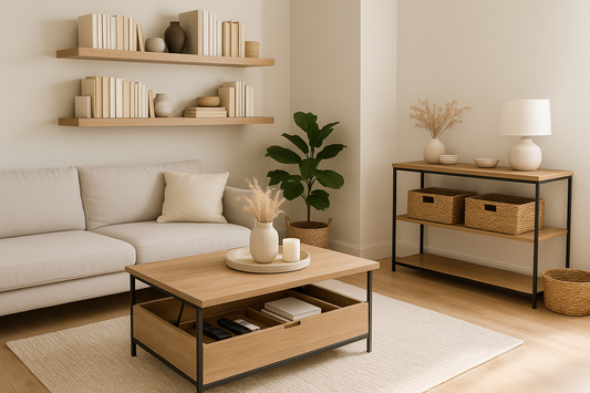 Organized modern living room with storage solutions - floating shelves, storage coffee table, decorative baskets and tidy space