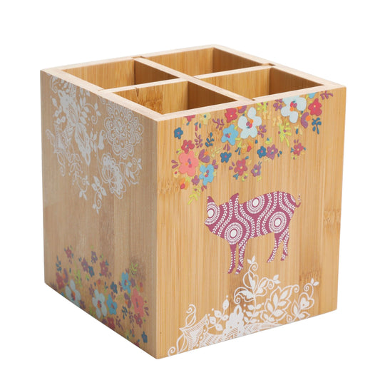 Gibson Urban Market 5.5 inch square bamboo utensil holder with farm animal and floral print for farmhouse kitchen organization
