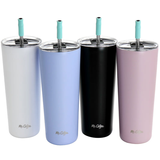 Mr Coffee Java Quest 4 piece 23 oz stainless steel tumbler set with lids and straws assorted colors double-wall insulation leak-proof travel mug coffee tumbler reusable eco-friendly drinkware hot cold beverages
