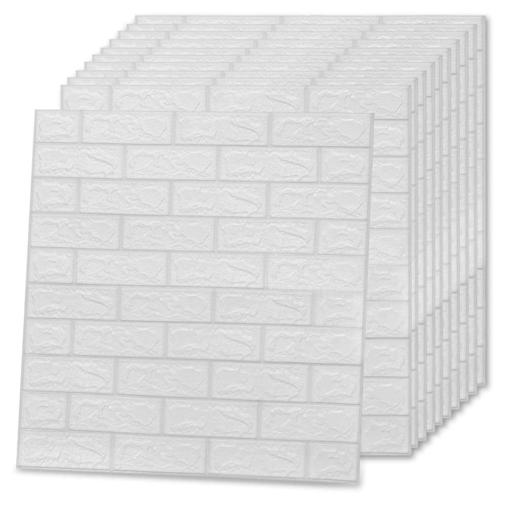 Detail view of white PE foam brick wallpaper showing self-adhesive backing and UV resistant construction