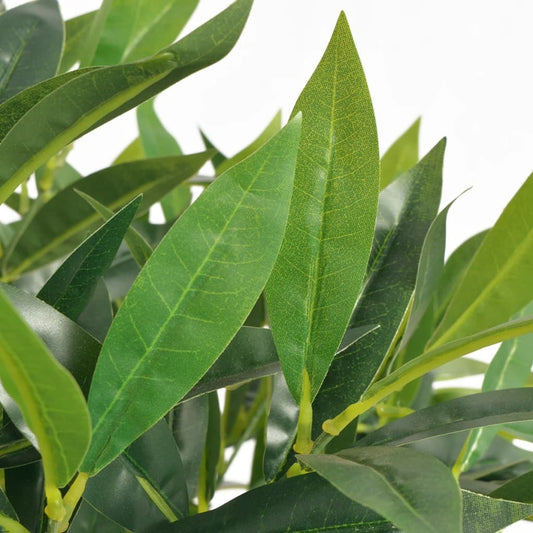 Realistic artificial bay tree close-up showing lifelike green leaves and natural appearance, maintenance-free indoor plant decoration
