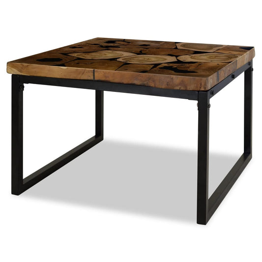 Side view of teak wood coffee table showing black metal frame construction
