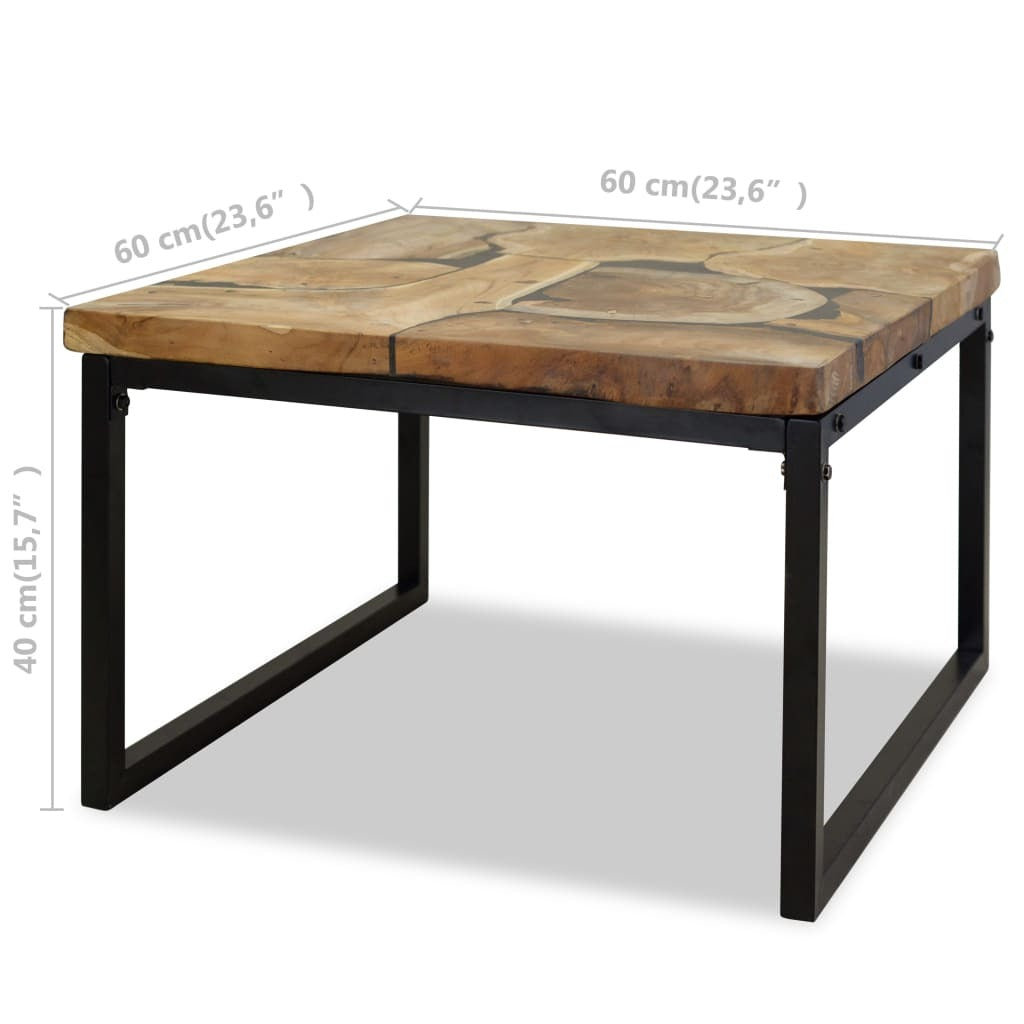 Square teak coffee table styled in modern living room interior setting
