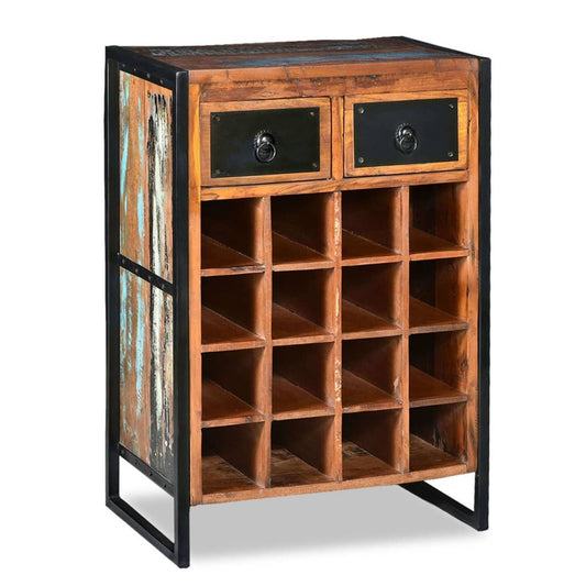 Industrial-style reclaimed wood wine rack holding 16 bottles, rustic farmhouse storage display for home bar and kitchen decor
