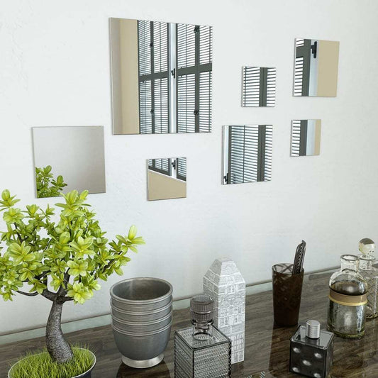 Set of 7 transparent glass square wall mirrors in different sizes - 3 small 3.9 inch, 3 medium 5.9 inch, 1 large 9.8 inch decorative mirror set for modern home decor
