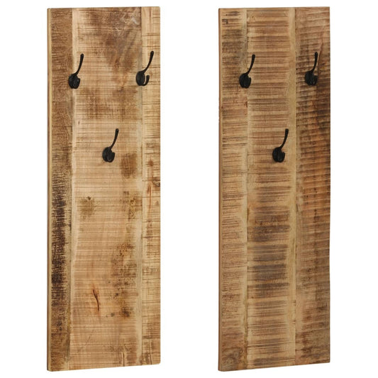 Rustic wall-mounted coat rack set crafted from solid mango wood with powder-coated steel hooks, vintage farmhouse style hallway storage, set of 2 with brown lacquered finish
