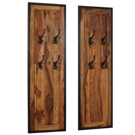 Set of 2 acacia wood wall coat racks 43.3 inches with natural grain pattern, 8 hooks total for entryway organization
