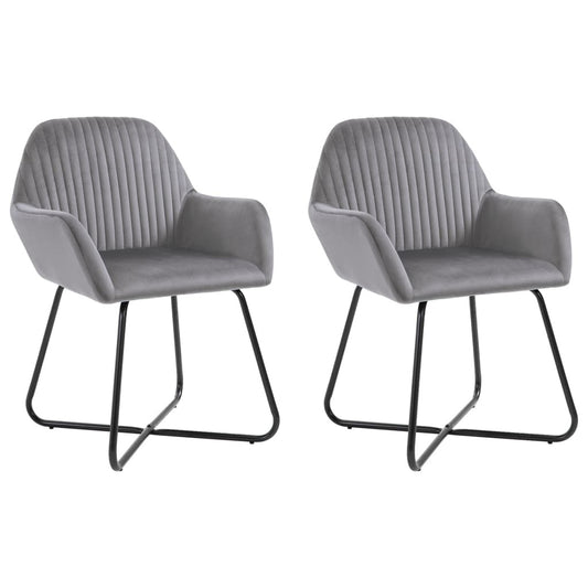 Set of 2 gray velvet dining chairs with ergonomic design and black metal legs
