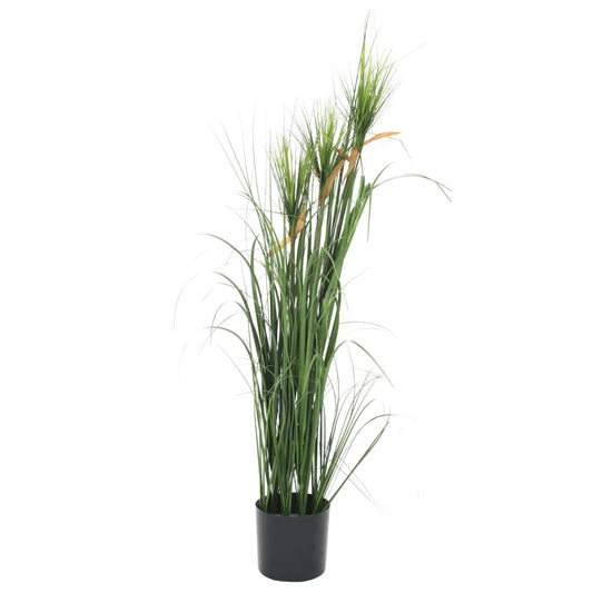 Realistic 35-inch tall artificial grass plant with pot featuring vibrant green and brown blades in modern cylindrical matte finish planter, zero maintenance indoor decor for living room or office
