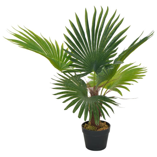 Realistic 28-inch tall artificial palm plant with lush green leaves in brown cylindrical pot, UV-resistant faux plant perfect for indoor outdoor living room or office decor

