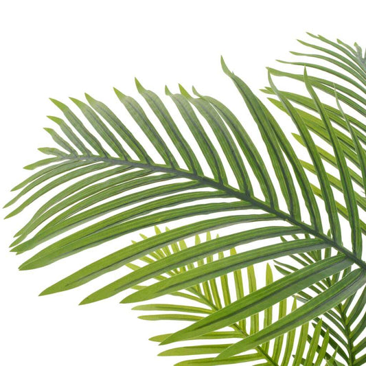 Close-up of lifelike artificial palm plant showing natural green and brown colors with wooden base, zero maintenance tropical decorative accent for any space
