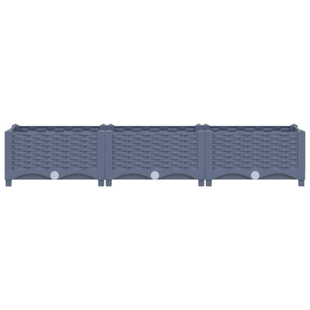 Close-up view of blue-grey polypropylene raised garden bed showing modern sleek design

