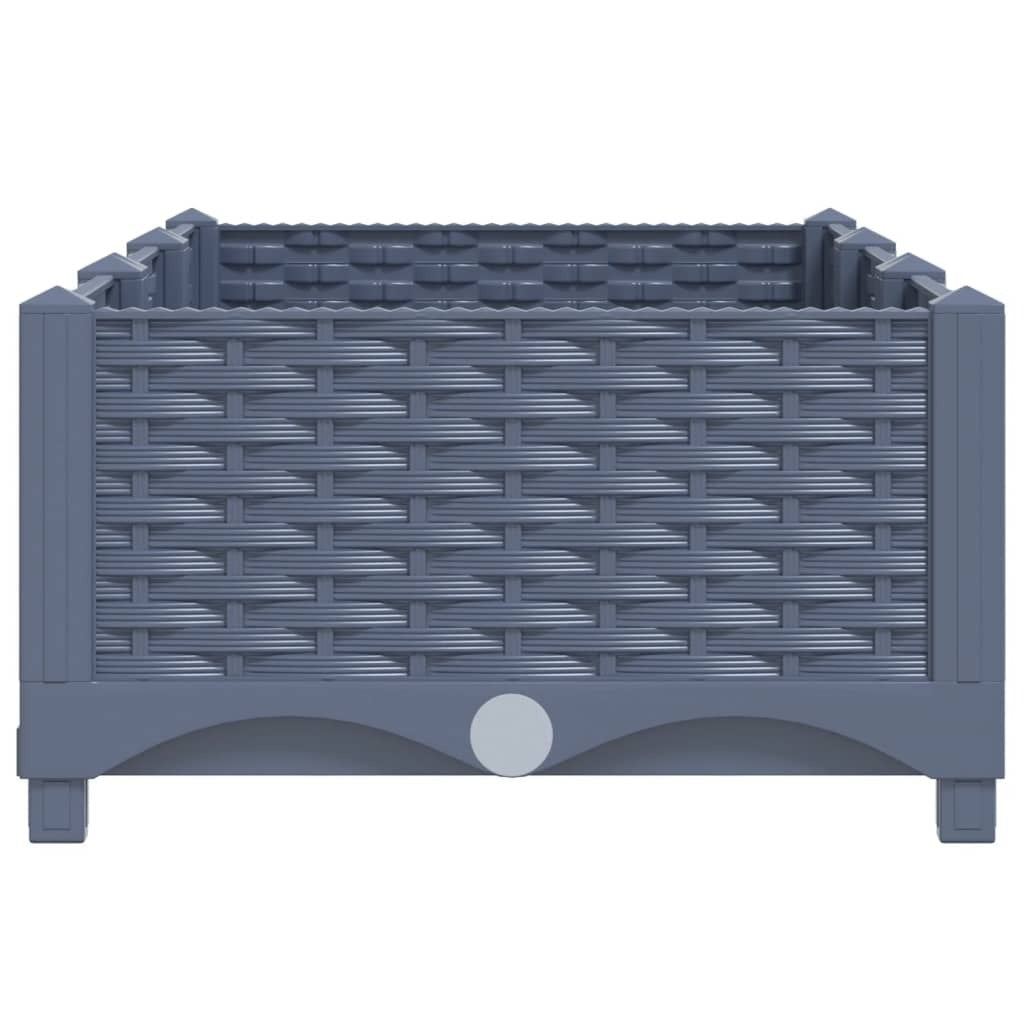 Blue-grey raised garden bed assembly parts showing polypropylene construction and hardware
