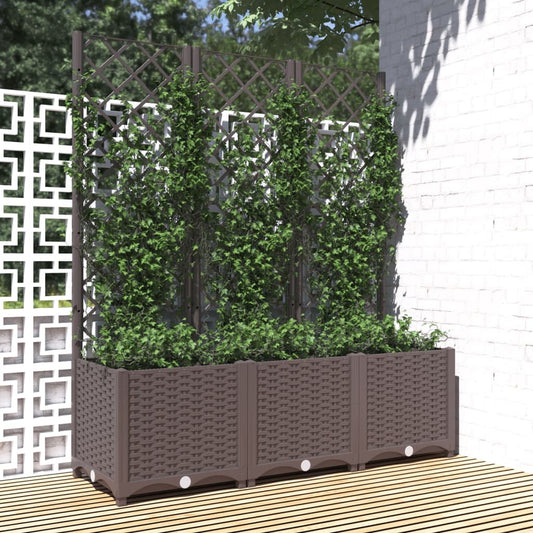 Brown polypropylene garden planter with built-in trellis - large 47x53 inch outdoor planter for climbing plants
