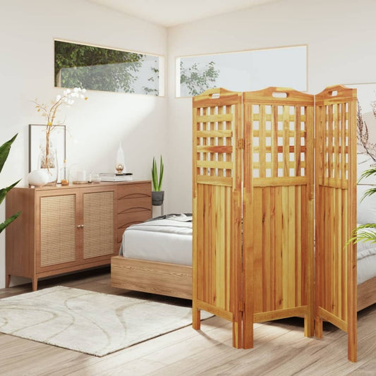 3-panel solid acacia wood room divider installed in modern bedroom showing privacy screen functionality
