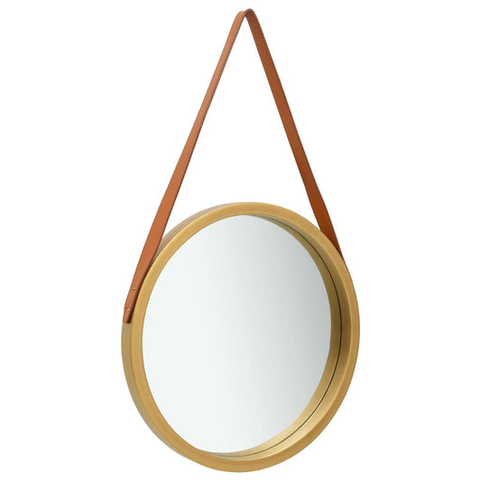 19.7 inch gold round wall mirror with leather strap, retro design soft-touch finish for bedroom bathroom decor
