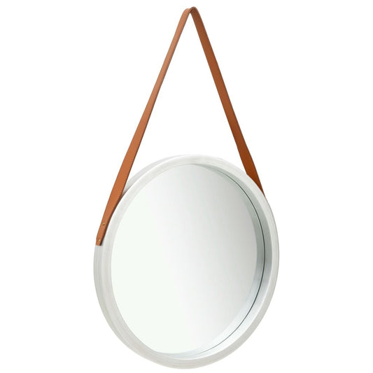 Round mirror with a brown leather strap on a white background