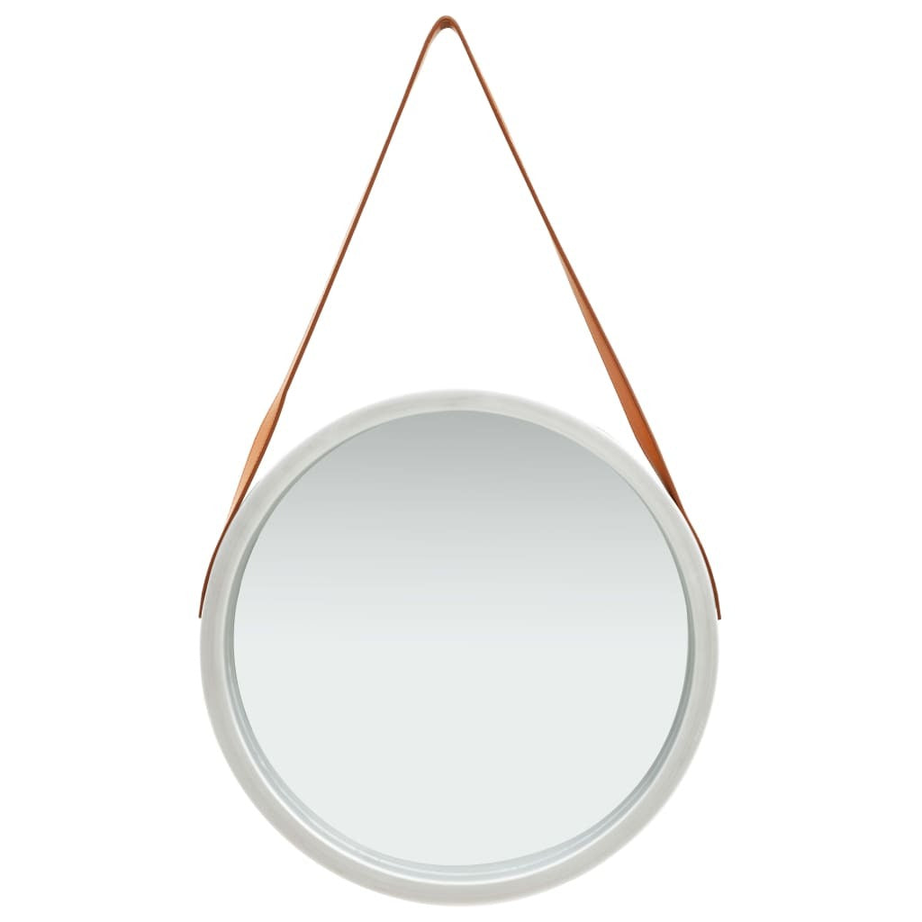 Round mirror with a brown leather strap on a white background