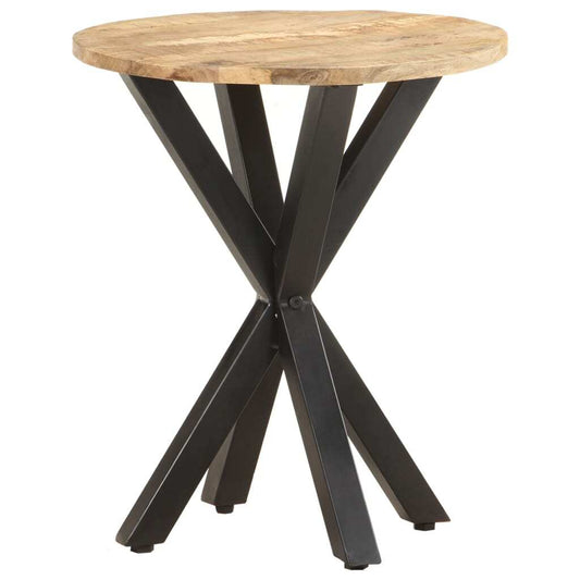 Industrial mango wood round side table with black X-shaped metal legs
