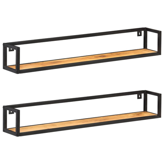 Set of 2 natural acacia wood floating shelves with metal frame installed on wall showing industrial design
