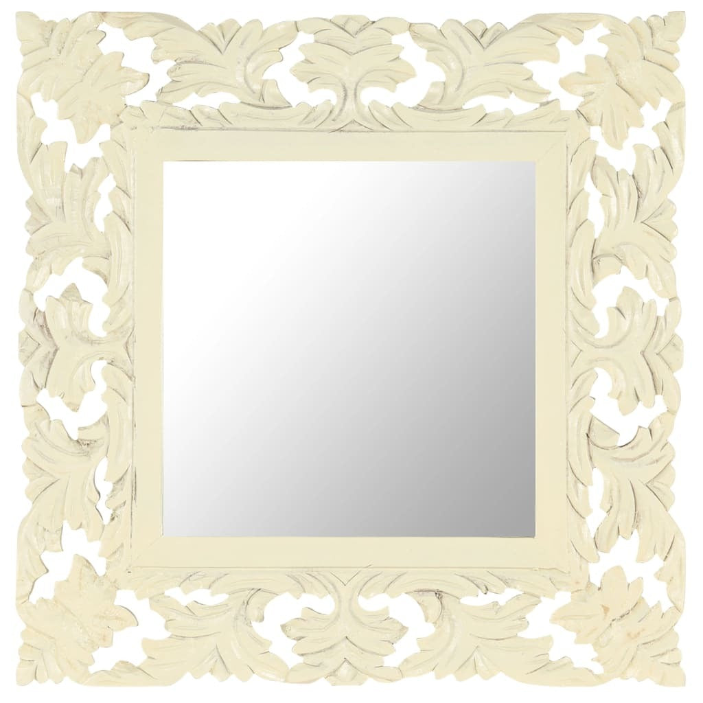 Beautiful 20-inch white hand-carved decorative square mirror crafted from solid mango wood with intricate floral geometric pattern, artisan wall decor for living room or bedroom
