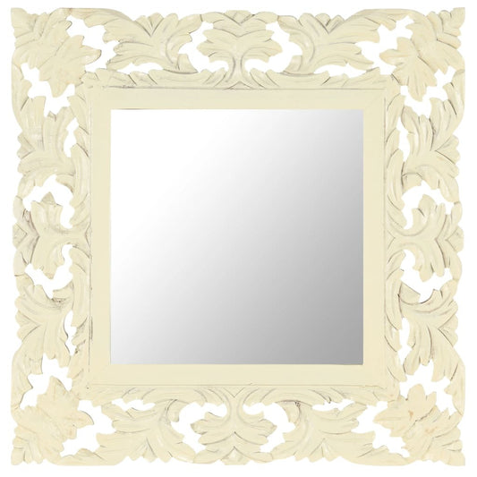 Beautiful 20-inch white hand-carved decorative square mirror crafted from solid mango wood with intricate floral geometric pattern, artisan wall decor for living room or bedroom
