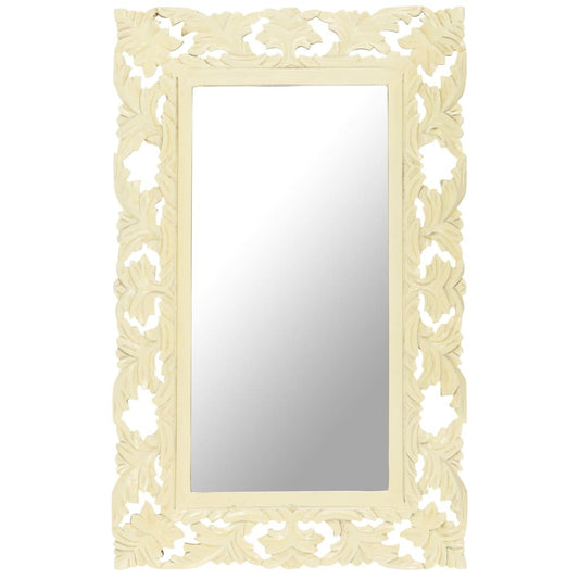 Decorative mirror with intricate carvings on a white background