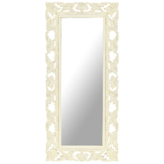 Large 43x20 inch white hand-carved wall mirror crafted from solid mango wood with intricate artisan pattern, rectangular statement piece for living room or bathroom
