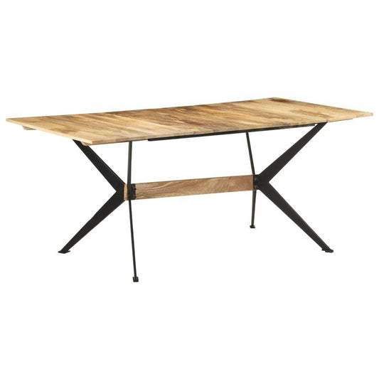 Large industrial mango wood dining table with black X-frame steel legs seats 6-8 people
