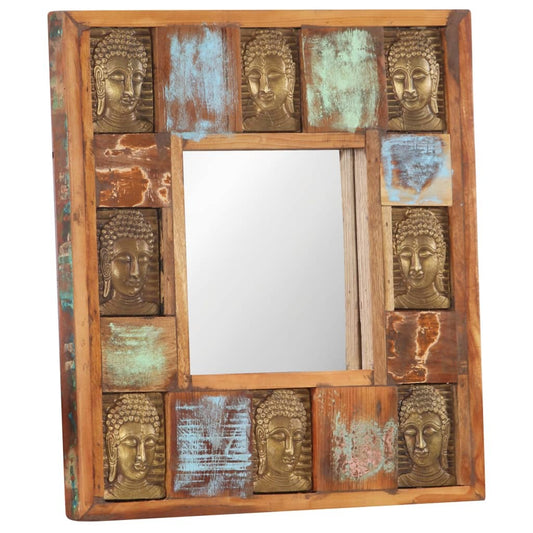 Unique 20-inch square mirror crafted from multicolor reclaimed wood with Buddha cladding pattern, weathered finish handmade artisan wall decor for hallway or bedroom
