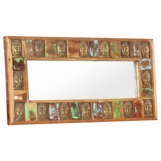 43.3 inch Buddha carved reclaimed wood wall mirror with mixed color weathered finish for vintage spiritual home decor
