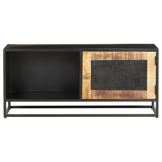 Close-up of hand-carved mango wood texture on TV cabinet surface