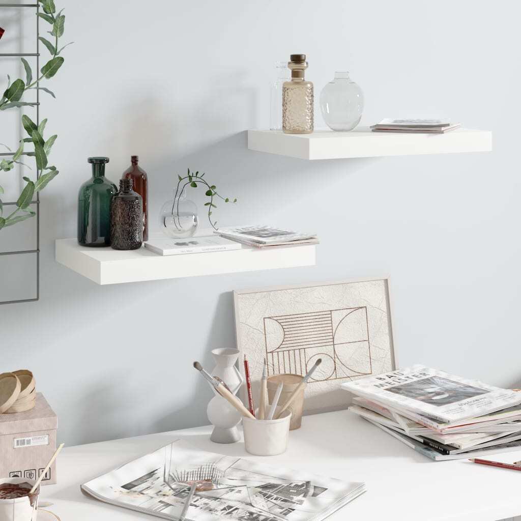 High gloss white floating wall shelves set of 2 with modern minimalist design
