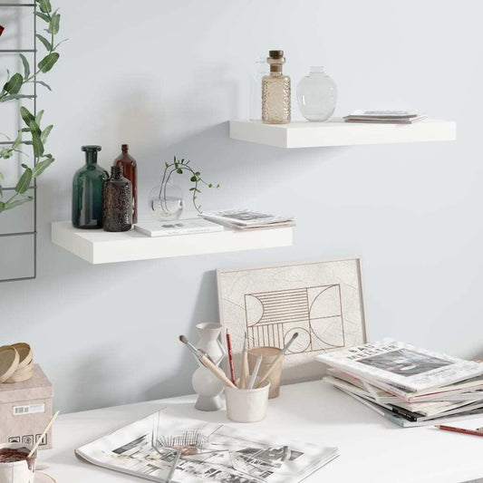 High gloss white floating wall shelves set of 2 with modern minimalist design
