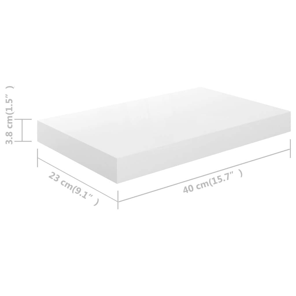 Set of 2 high gloss white floating shelves styled with books and home decor
