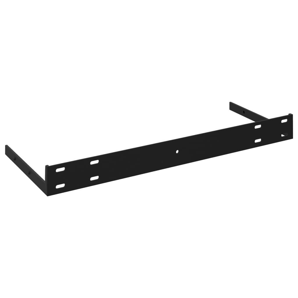 Black floating wall shelves in modern living room with contemporary decor
