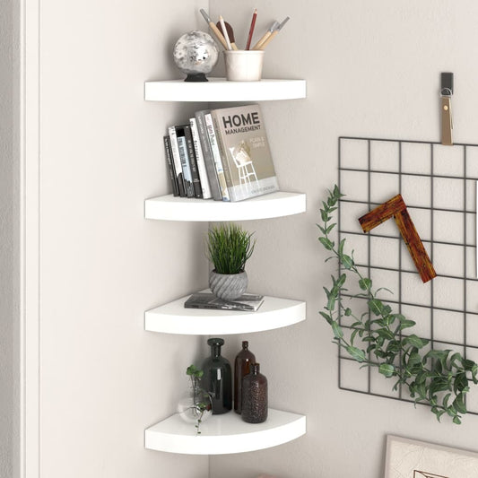Set of 4 high gloss white corner shelves installed in modern room showing space-saving corner storage design
