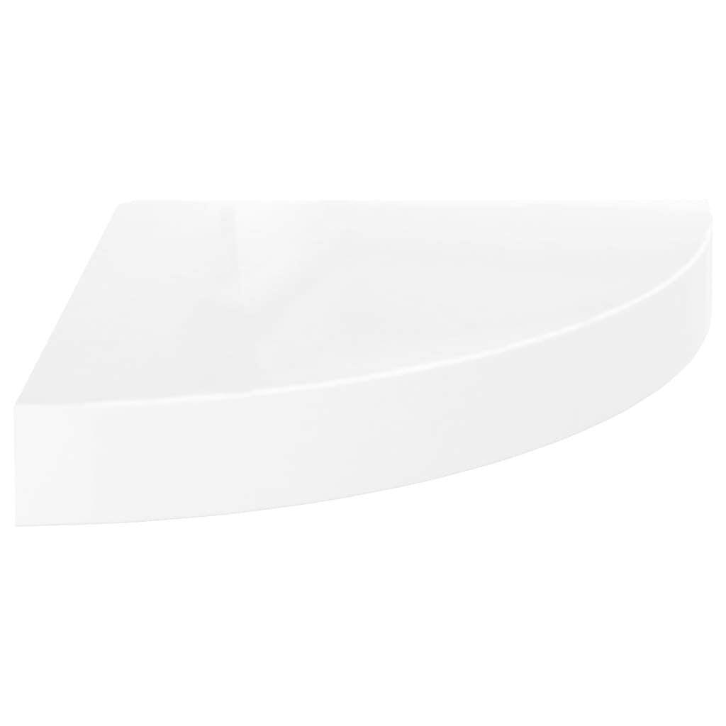 Single white corner shelf displaying 9.8x9.8 inch dimensions and triangular corner design
