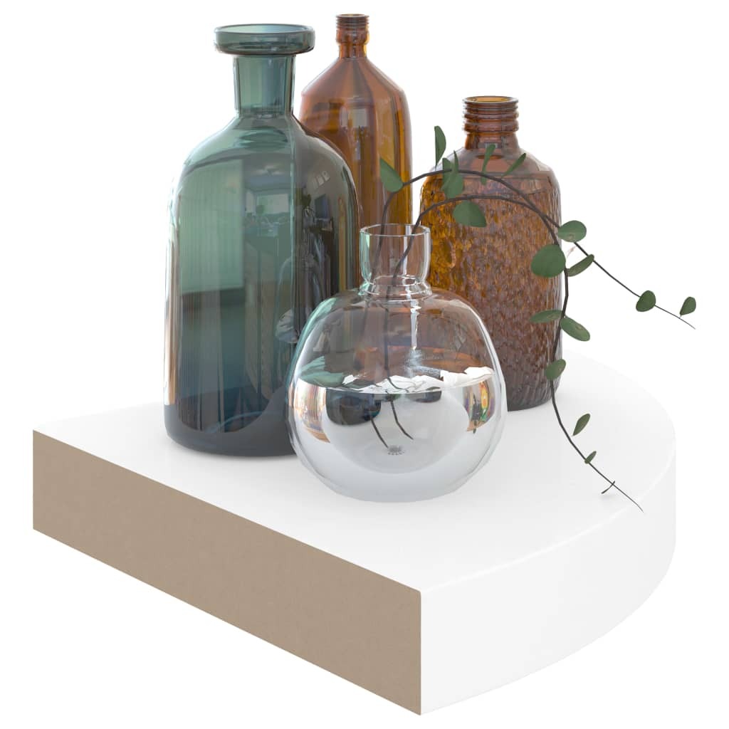 White corner shelves in use displaying books and decorative items with 11 lb weight capacity
