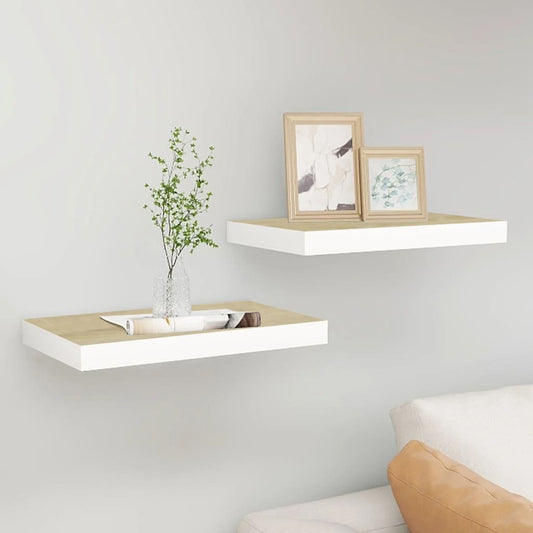Set of 2 oak and white floating wall shelves 15.7x15.7 inches - modern minimalist storage
