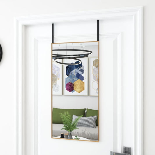 Gold aluminum door mirror 15.7 x 31.5 inches with minimalist rectangular design and shiny finish for bedroom decor
