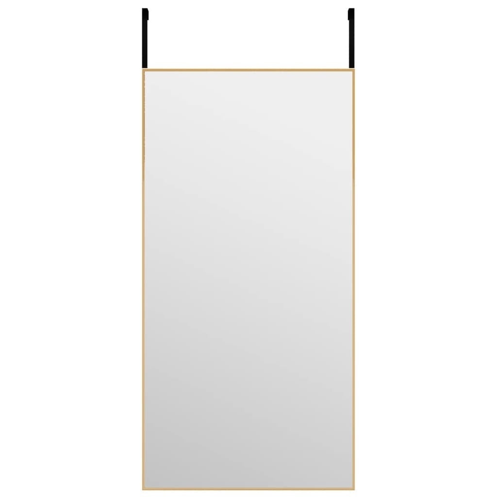 Minimalist gold door mirror showing adjustable height feature and sleek aluminum frame construction for dressing room
