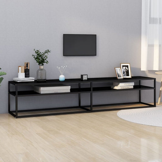 Sleek black TV cabinet with tempered glass modern entertainment center in living room
