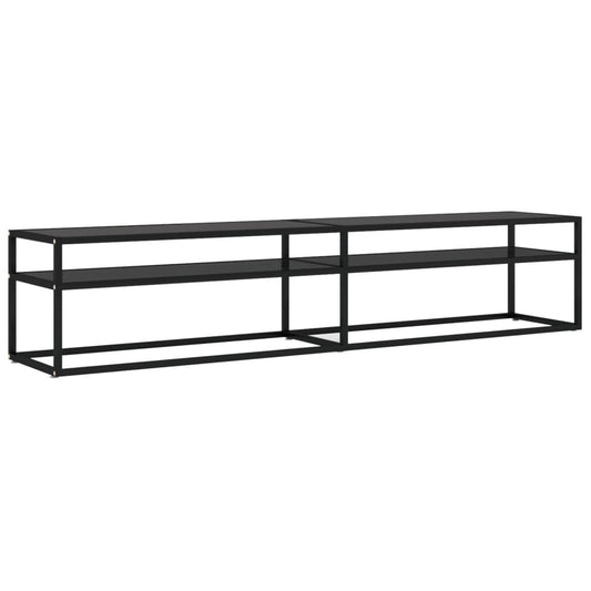 Side view of black TV cabinet showing tempered glass shelves and modern design
