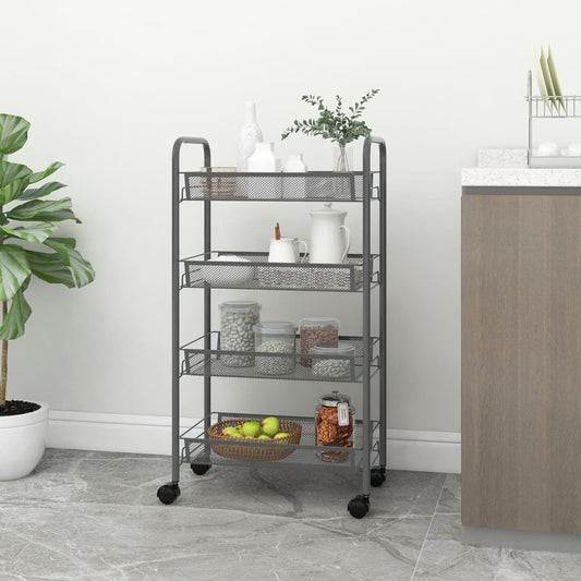 4-tier gray iron kitchen trolley with rolling storage cart in modern kitchen interior
